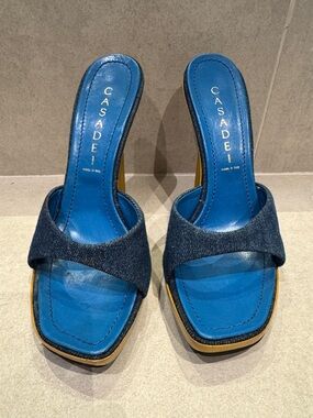 Casadei women Blue Denim Slide Mules with gold size 6 made in Italy vintage Y2K